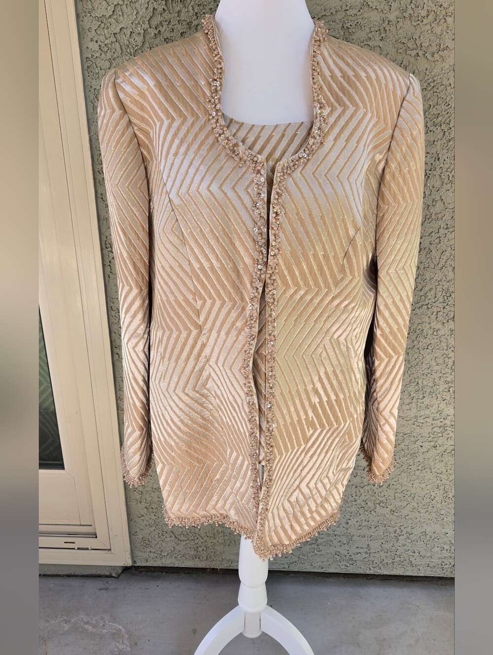 Moshita Couture Champagne Beaded Open-Front Jacket And Shell